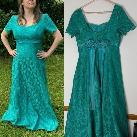 Vintage 60s teal lace cocktail hour gown - Picture 1 of 16
